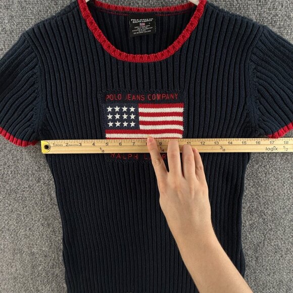 Polo Jeans Ralph Lauren Women Flag Sweater Rib Knit Large Short Sleeve Blue Red - Picture 8 of 13